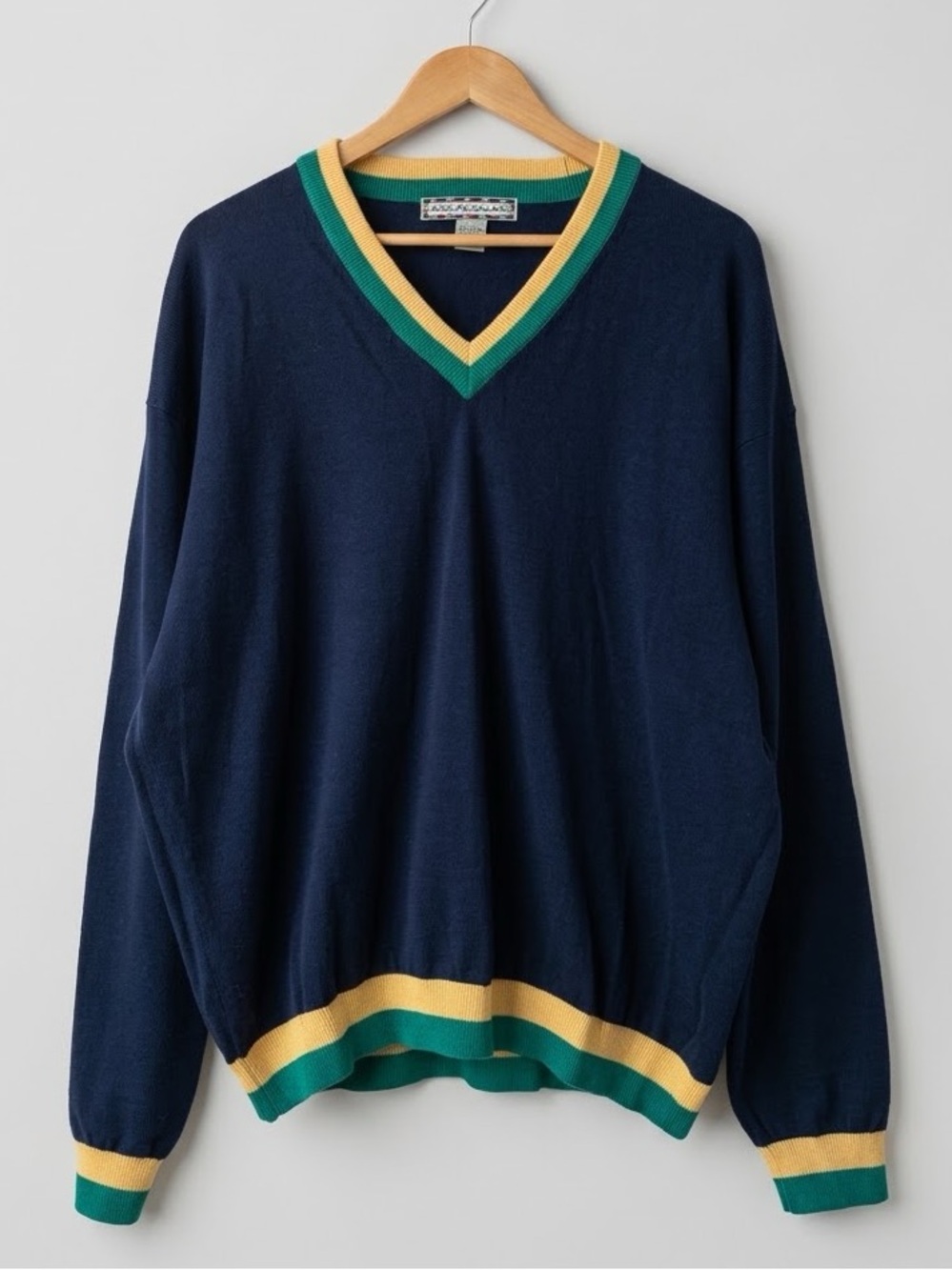 Vintage Nicklaus 100% Cotton Navy V-Neck Golf Sweater Navy Yellow Green Large